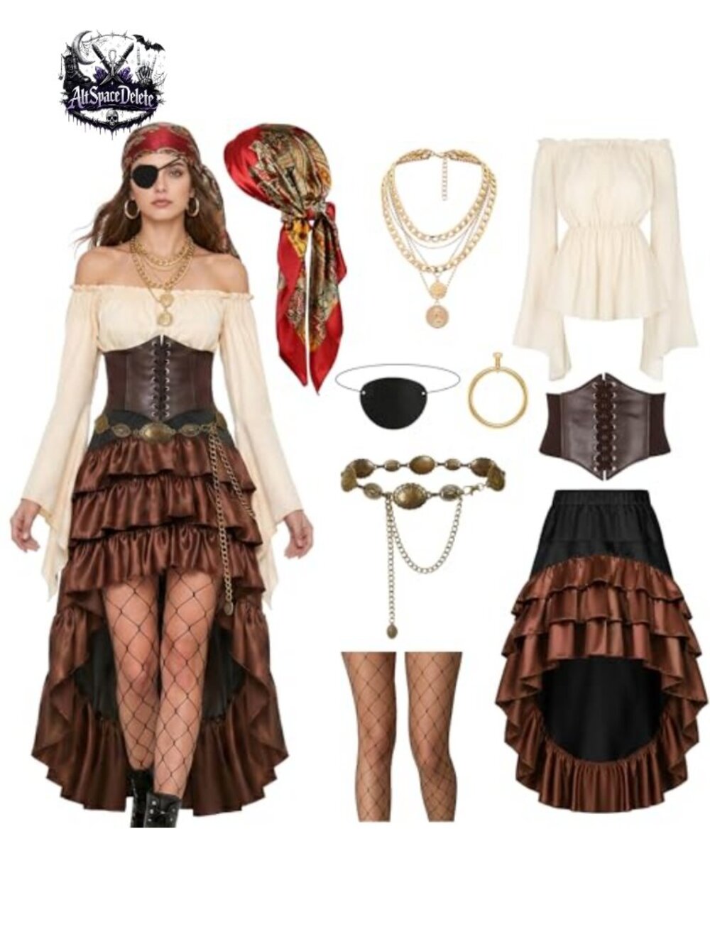 Women Pirate Costume Set Renaissance Tops Skirts Scarf Belt Necklace